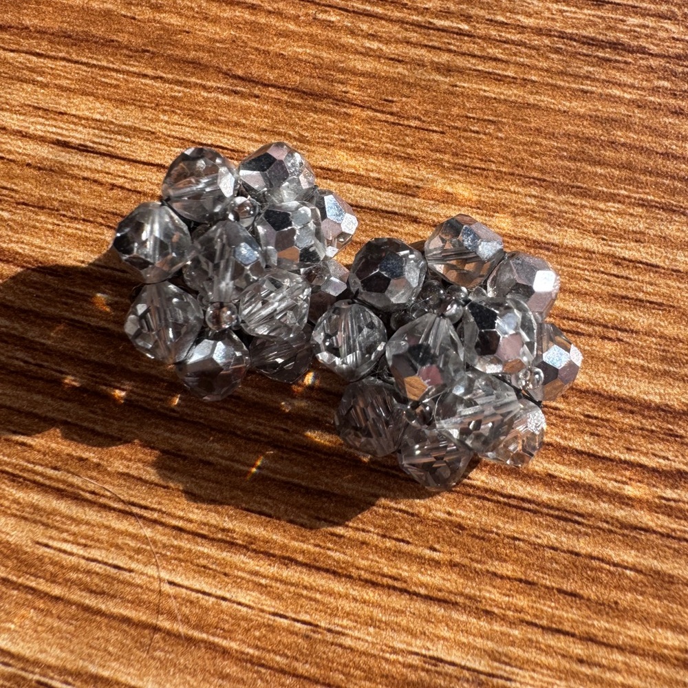 50s-60s Vintage Silver Beaded Rhinestone Clip on Earrings